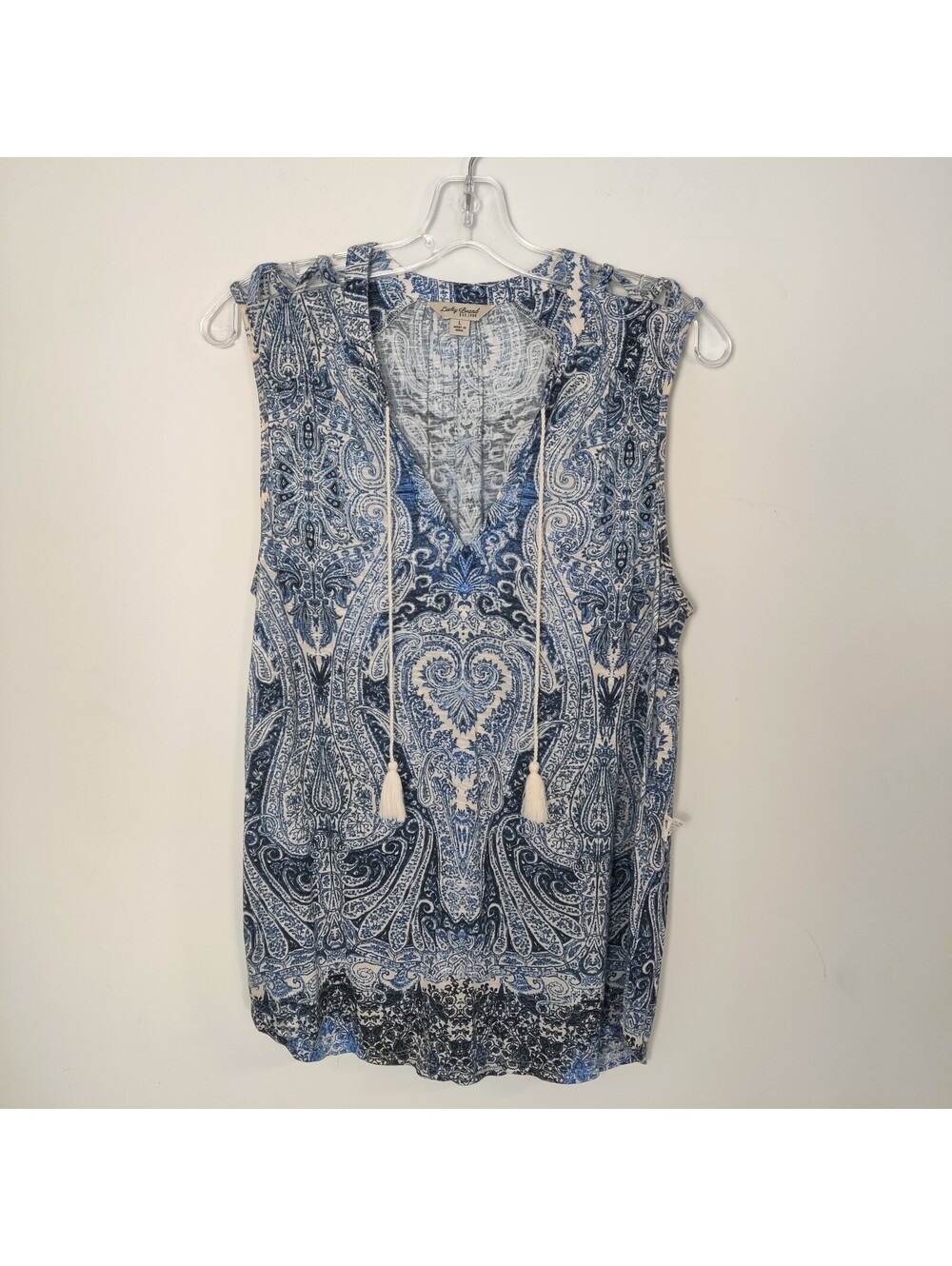 Lucky Brand Boho Paisley Tassel Tank Top Sleeveless Blouse Blue Cream Size Large